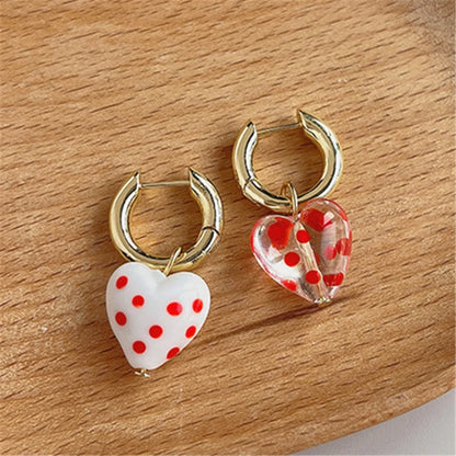 Kawaii Sweetheart Red Glass Heart Drop Earrings 💖✨ - Adorable Asymmetrical Jewelry for Party Girls!