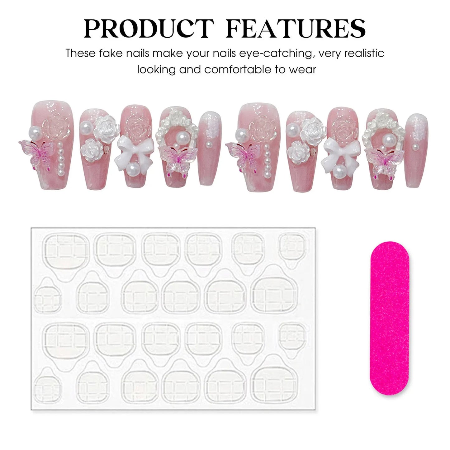 Kawaii Dream 🌸 10pcs 3D Butterfly & Rose Decor Press-On Nails 💅🏼 Long Ballet Style for Sweet Y2K Weddings & More!