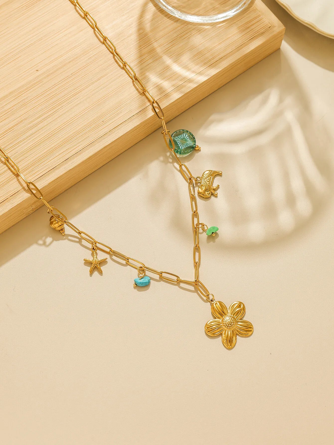 Geometric Pearl Five Point Star Necklace Green Ceramic Stone With Stainless Steel Chain Unisex Fashion Gift ✨💚