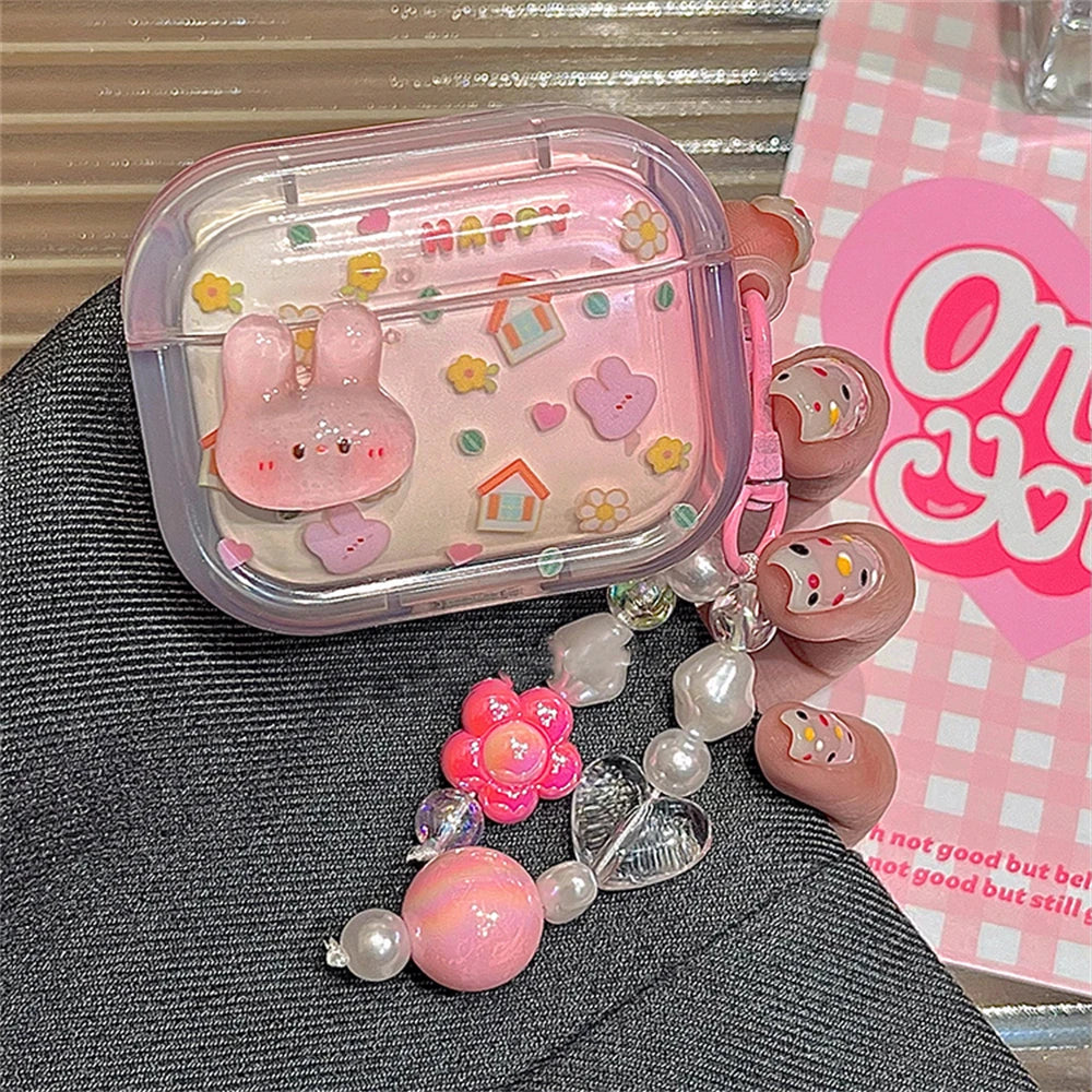 🐰💕 Adorable 3D Pink Bunny AirPods Case with Flower Pendant 🌸✨ - Pixie Quill