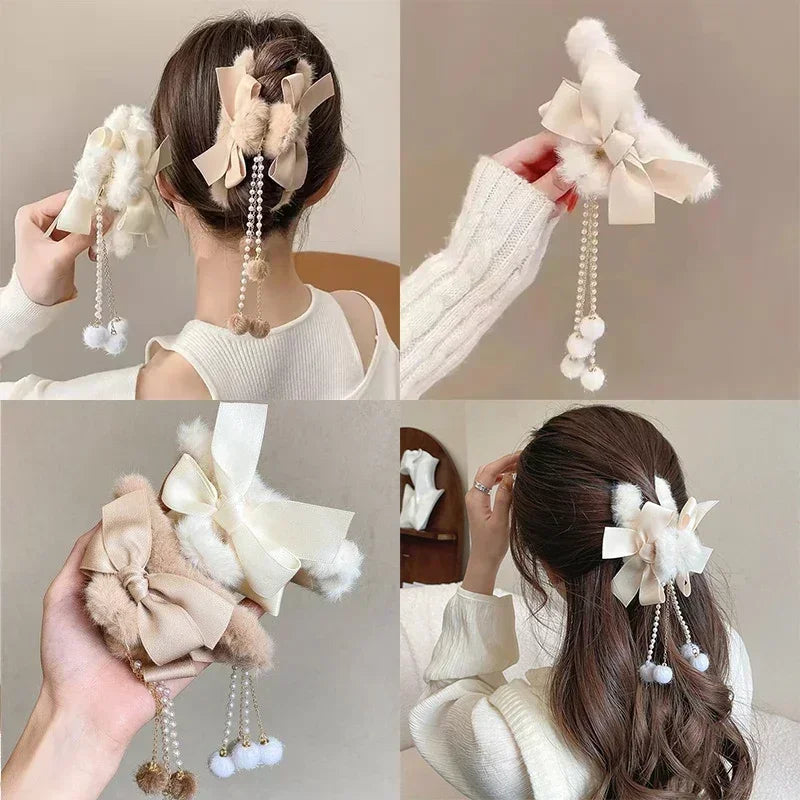 🎀 Plush Bow & Tassel Hair Claw Clips ✨ Cute Korean Style for Girls - Perfect Fall & Winter Accessory! 🦈