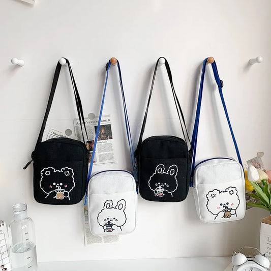 🐻✨ Adorable Bear & Bunny Canvas Crossbody Bag for Girls 🌸 Mini Chic Shoulder Purse! 👜💖 - Pixie Quill