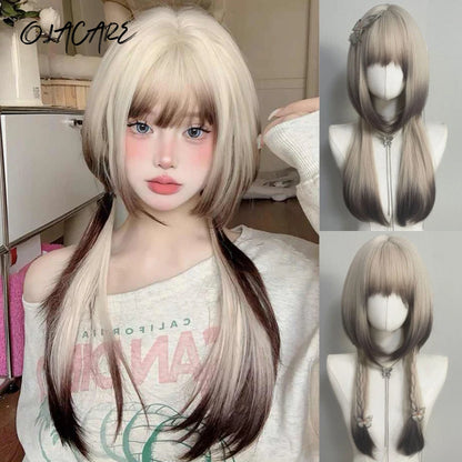 Enchanting Ombre Kawaii Wig 🌈✨ - Long Straight Lolita Style with Bangs in Glacier Blue & Blonde!