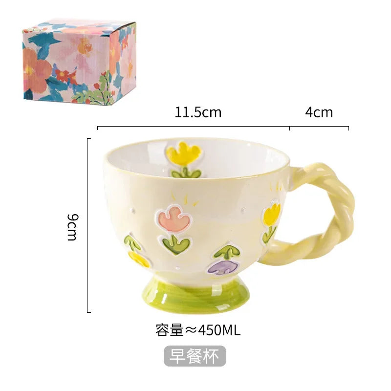Charming Kawaii 450ml Hand-Painted Ceramic Mug ☕️✨ Cute Breakfast Oatmeal Cup for Joyful Mornings! 🎉