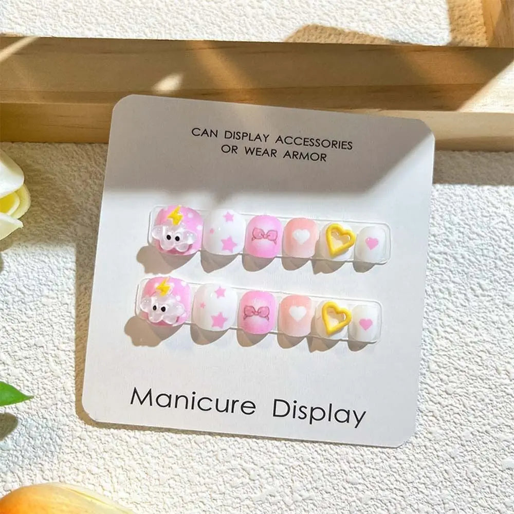 Kawaii Bunny Flower Fake Nails 🌸🐰 | Adorable Cartoon Nail Art for Kids 💅✨ - 12 Pcs Set