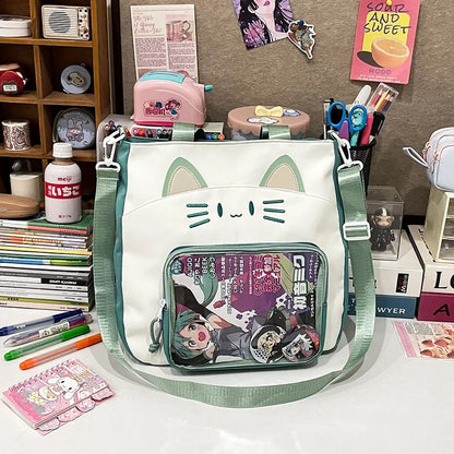 Kawaii Cat Love 💖✨ Large Nylon Ita Shoulder Bag - Versatile Crossbody Handbag with Transparent DIY Pocket 🐾🌈