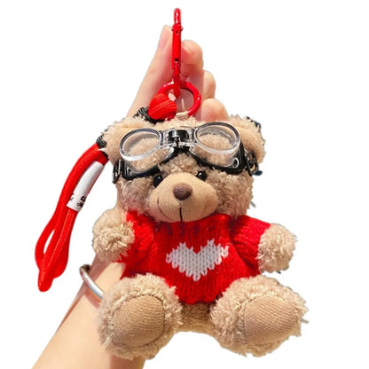 Pilot Bear Keychain With Goggles Plush Pendant Pearl Rope Accessory 🧸🪢