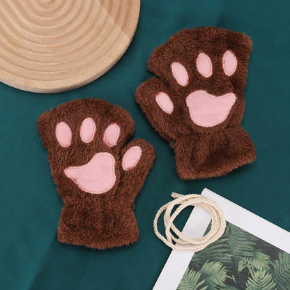 Fluffy Cat Paw Gloves Plush Mittens For Women Warm Half Finger Cozy Bear 🐱🐻