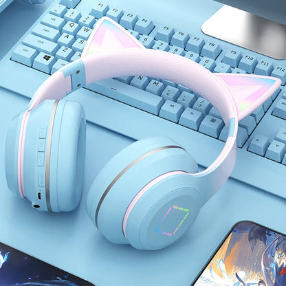 ✨ Kawaii Cat Ears LED Bluetooth Headphones 🎧 - Foldable Wireless Headset for Kids! 🐾🎶