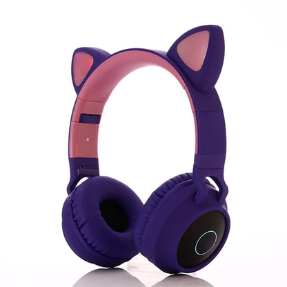✨ Kawaii Cat Ear Bluetooth Headphones 🎶 - Adorable LED Music Headset for Girls 💖 - Supports TF Card & FM Radio! 🌈