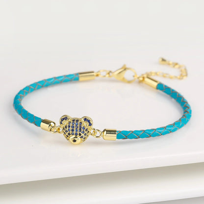 🐻✨ Adorable Bear Zirconia Charm Bracelet - 6 Color Adjustable Leather Rope for Everyone! 🎉🎈