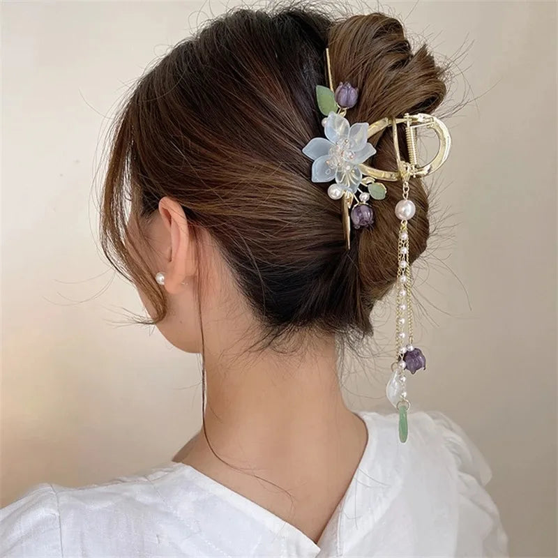 Kawaii Orchid Flower Pearl Tassel Hair Clip 🌸✨ | Adorable Ponytail Grabber for Girls | Trendy Fashion Hair Accessory!