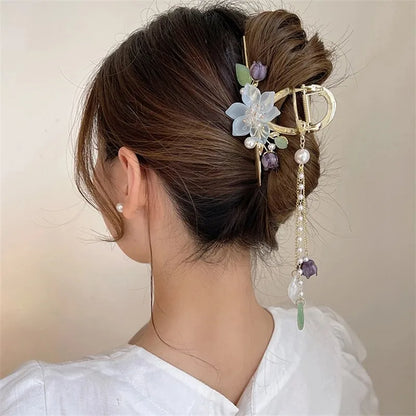 Kawaii Orchid Flower Pearl Tassel Hair Clip 🌸✨ | Adorable Ponytail Grabber for Girls | Trendy Fashion Hair Accessory!