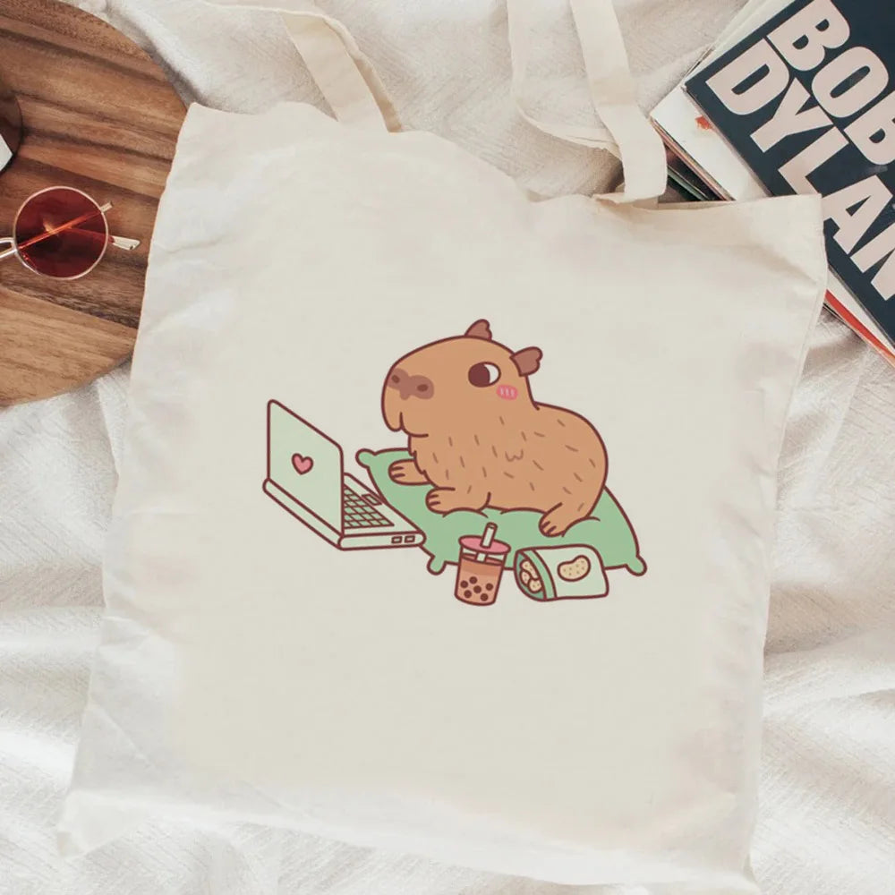 Kawaii Capybara Canvas Shopping Bag 🛍️✨ - Eco-Friendly Tote for Adorable Adventures! 🌿😊