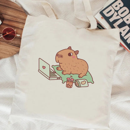 Kawaii Capybara Canvas Shopping Bag 🛍️✨ - Eco-Friendly Tote for Adorable Adventures! 🌿😊