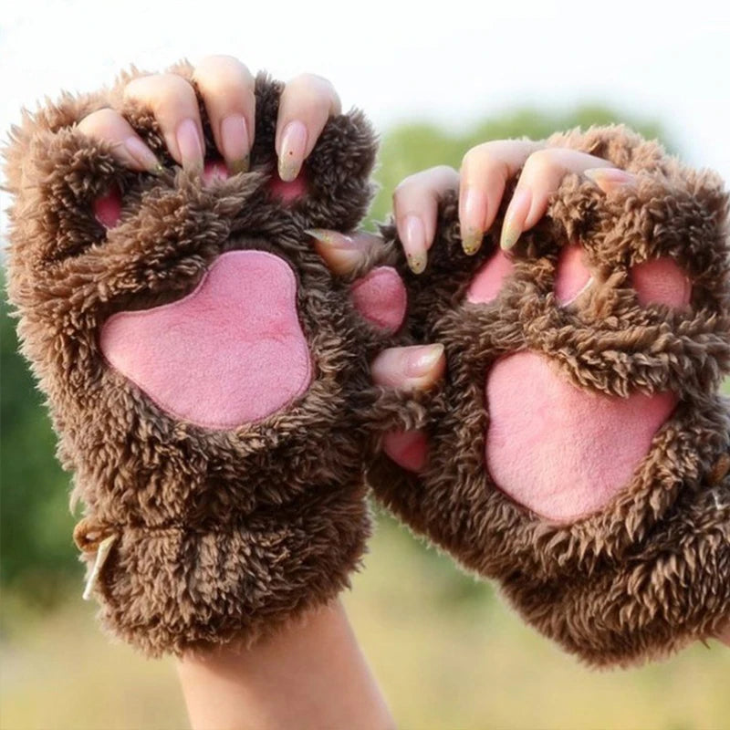 Kawaii Cat Paw Half Finger Gloves 🐾❄️ Cozy & Cute Fluffy Design!