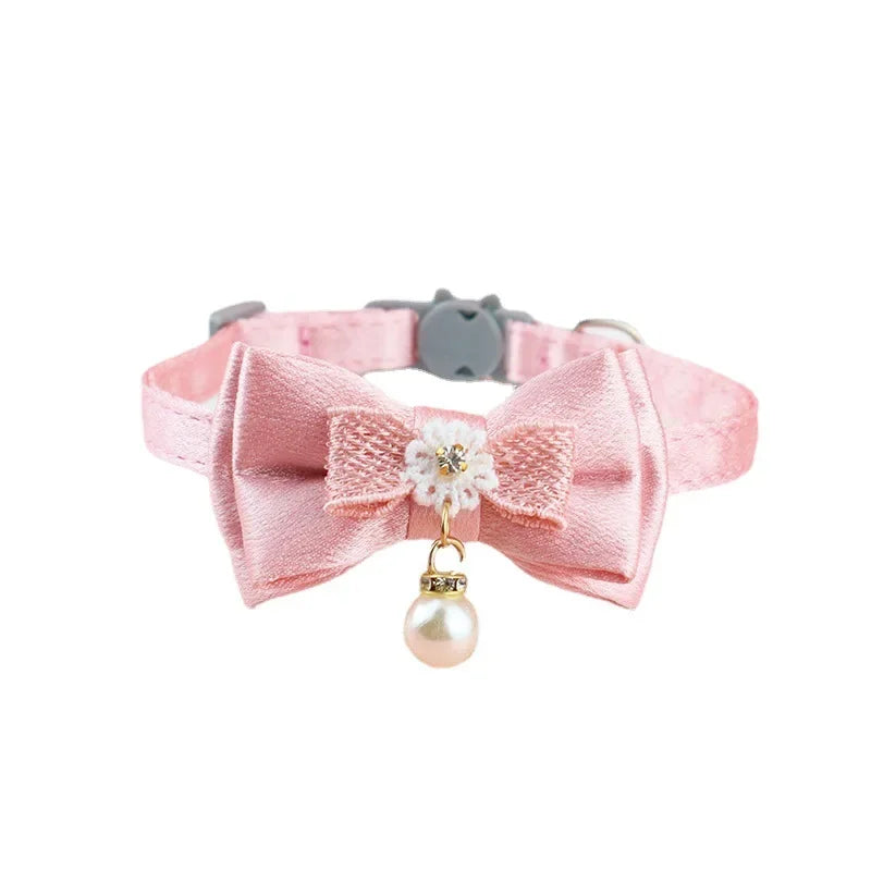 ✨ Cute Pink Lace Bow & Bead Cat Choker with Bell 🐾 Perfect Pet Accessory! 💖