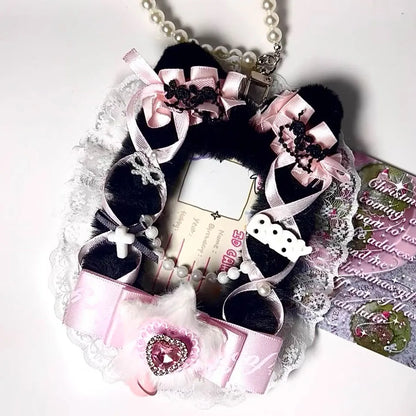 Kpop Idol Photo Holder Poker Storage Decor with Lace and Ribbon Plush Ears Cute Photocard Top Loader