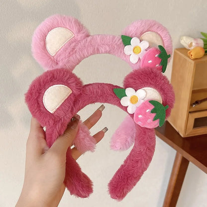 Kawaii Strawberry Bear Plush Hairband 🎀✨ Cute Face Wash Headband for Women & Girls! 🍓💖