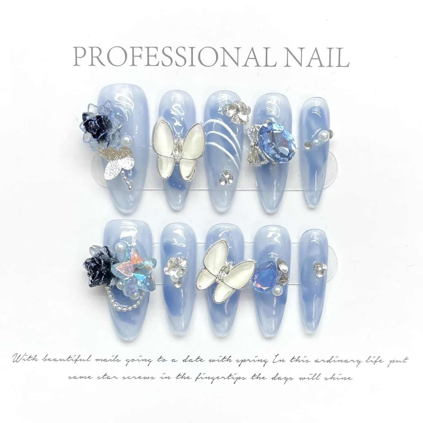 Kawaii 10-Piece Rhinestone Almond Press-On Nails ✨💅 | Handmade Acrylic Nail Art Set for Adorable Looks! 🌟