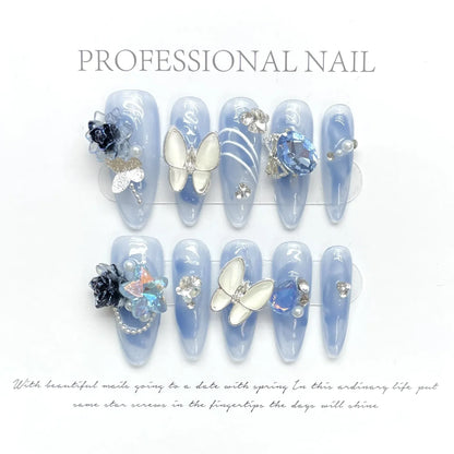 Kawaii 10-Piece Rhinestone Almond Press-On Nails ✨💅 | Handmade Acrylic Nail Art Set for Adorable Looks! 🌟