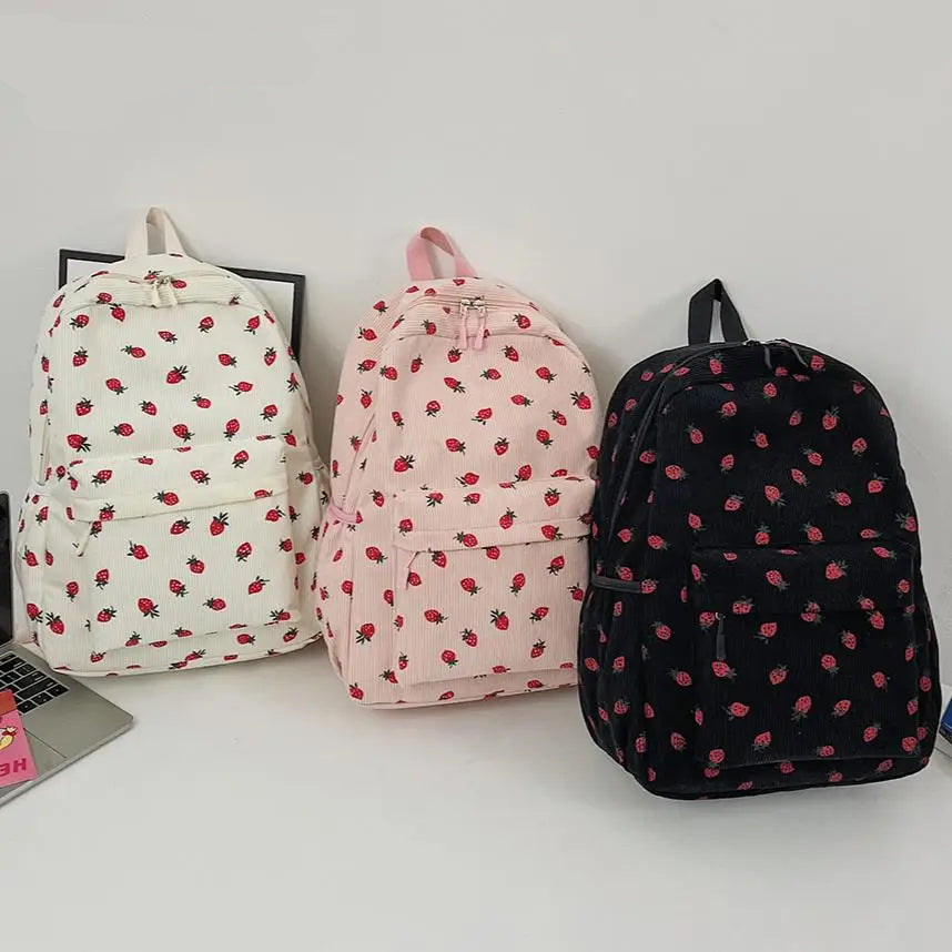 Women Kawaii Strawberry Pattern Backpacks with Pendant Corduroy School Knapsack Multi-pockets Students Daily Schoolbags Mochilas - Pixie Quill