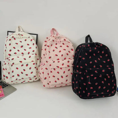 Women Kawaii Strawberry Pattern Backpacks with Pendant Corduroy School Knapsack Multi-pockets Students Daily Schoolbags Mochilas - Pixie Quill