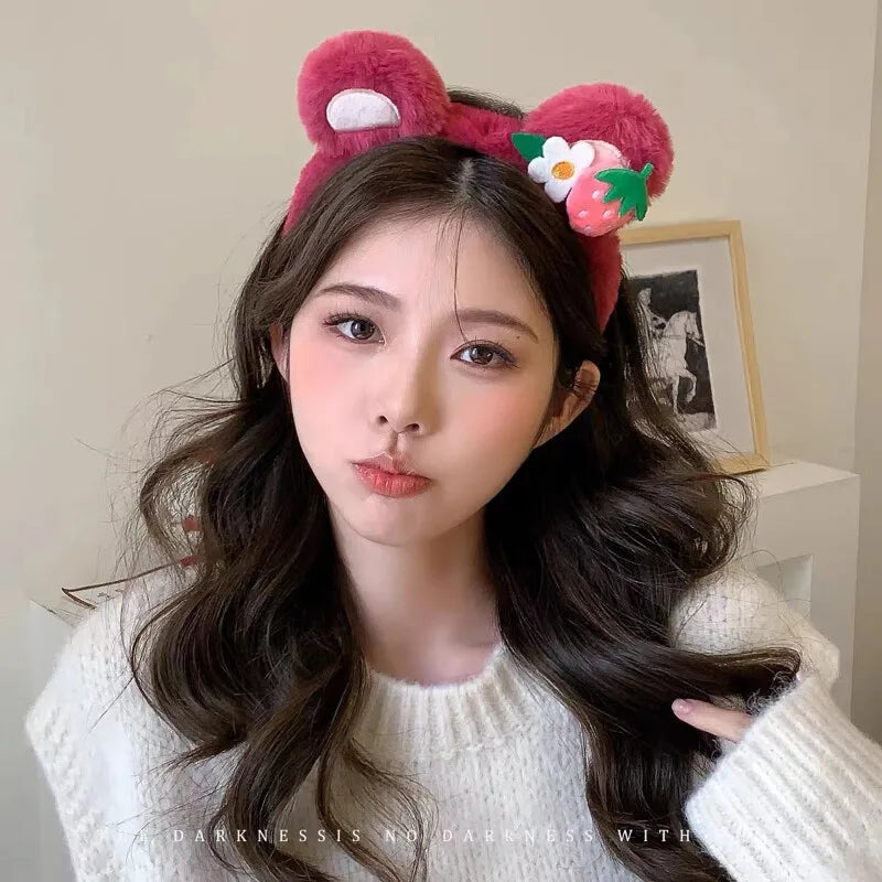 Kawaii Strawberry Bear Plush Hairband 🎀✨ Cute Face Wash Headband for Women & Girls! 🍓💖