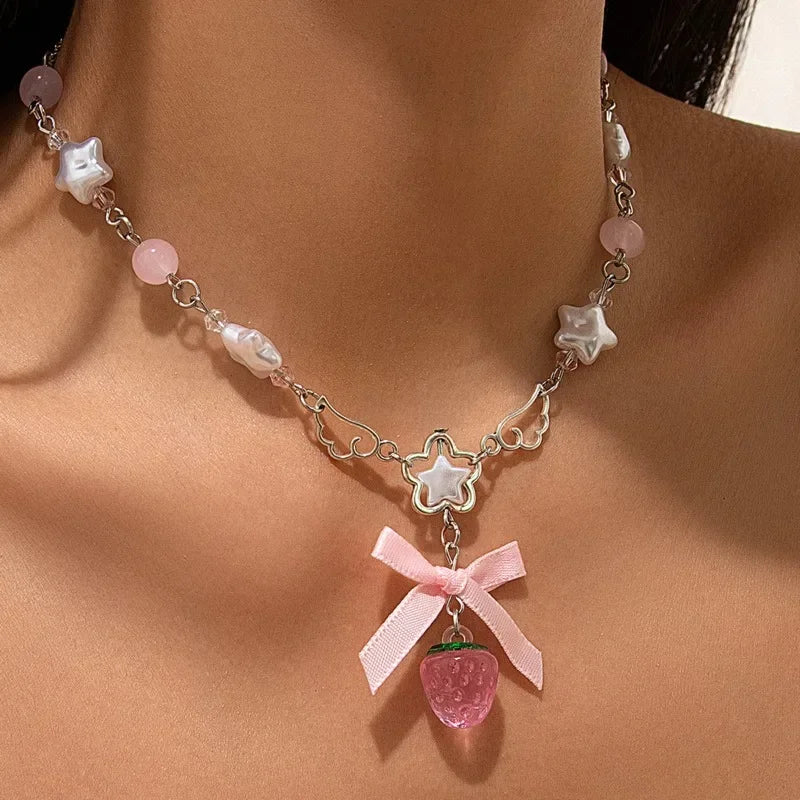Kawaii Pink Strawberry Bowknot Choker 🍓✨ - Vintage Pentagram Pendant Necklace for Trendy Rave Girls