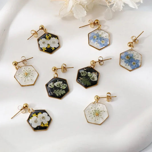 Elegant Pressed Flower Earrings For Women Natural Blue Floral Drop Earrings Handmake Epoxy Resin Plant Earring Jewelry Wholesale
