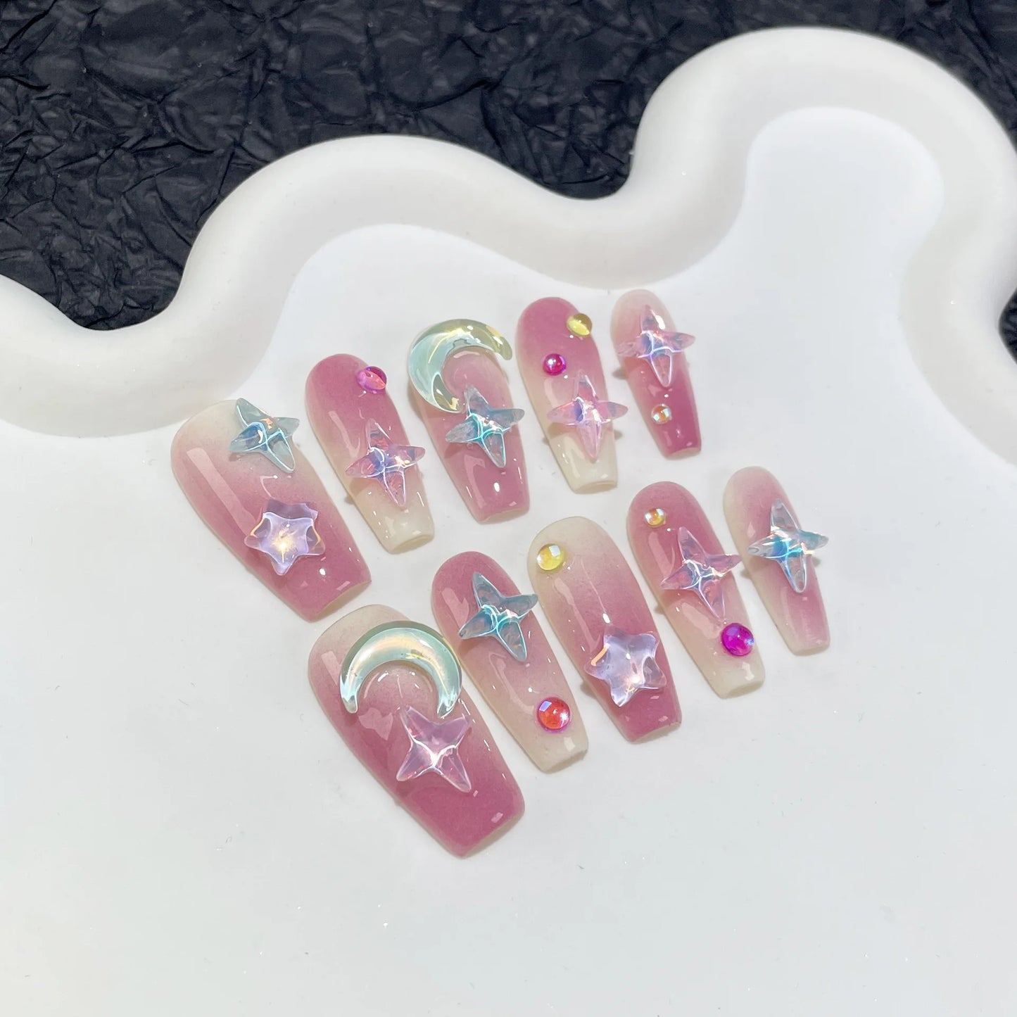 Kawaii 10Pcs Starfish & Rabbit Press-On Nails 🌊🐇✨ | Colorful Handmade Full Cover Nail Tips for a Cute Manicure!