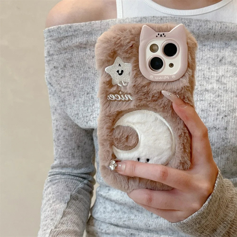 Kawaii Plush Star & Moon iPhone Case 🌙✨ | Fluffy Furry Cover for iPhone 14 15 16 Plus 13 Pro Max 11 12 | Cute Winter Accessory!