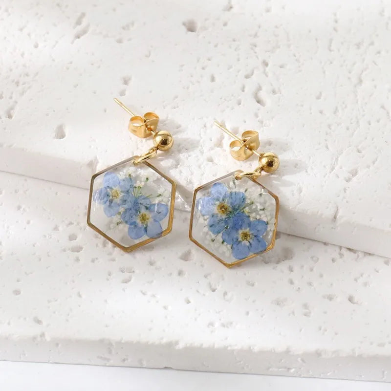 Elegant Pressed Flower Earrings For Women Natural Blue Floral Drop Earrings Handmake Epoxy Resin Plant Earring Jewelry Wholesale