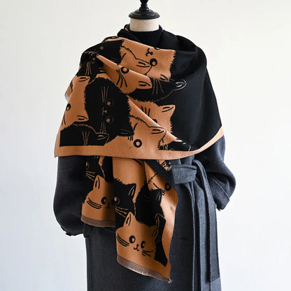 Cat Print Jacquard Scarf For Women Warm Winter Shawl 175cm Long 🐾