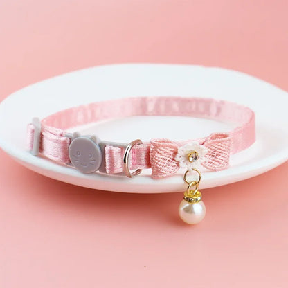 ✨ Cute Pink Lace Bow & Bead Cat Choker with Bell 🐾 Perfect Pet Accessory! 💖