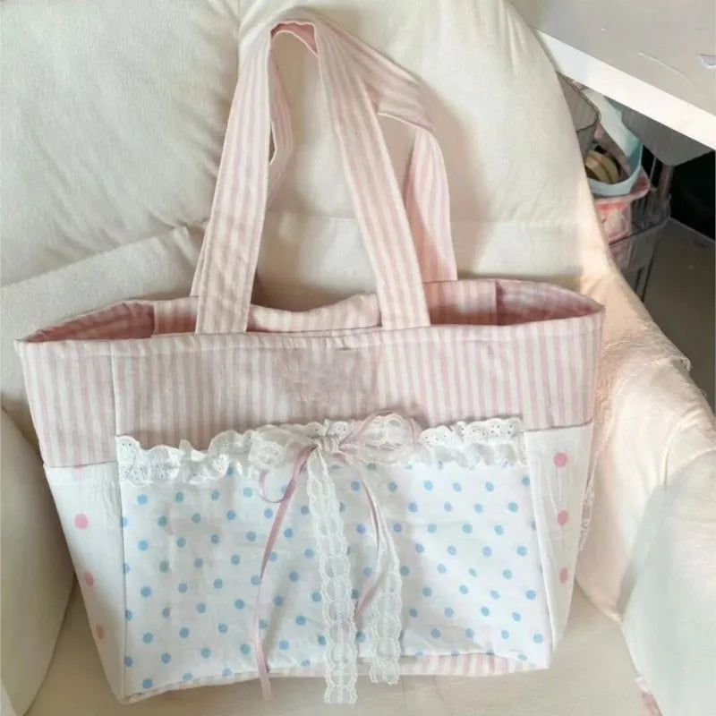 🌸 Kawaii Bow & Lace Canvas Tote 🎀 | Sweet Y2K Aesthetic Shoulder Bag for Women ✨