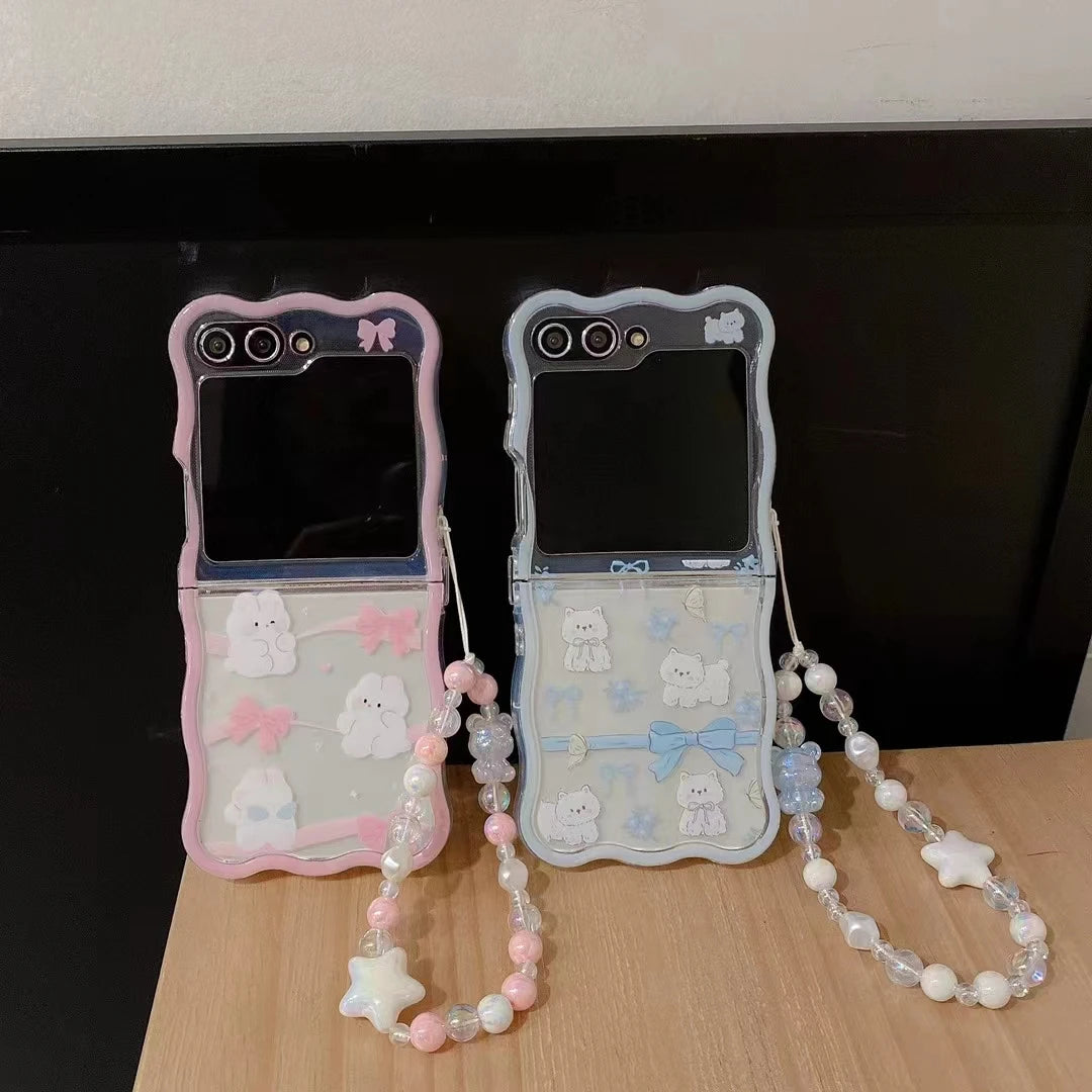 ✨Cute Crystal Cats & Bunnies 🌟 Stylish Pearl Wrist Strap Case for Samsung Galaxy Z Flip 6/5/4/3 5G 🐾💖