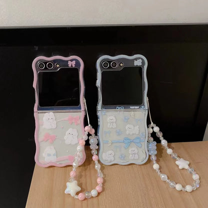 ✨Cute Crystal Cats & Bunnies 🌟 Stylish Pearl Wrist Strap Case for Samsung Galaxy Z Flip 6/5/4/3 5G 🐾💖