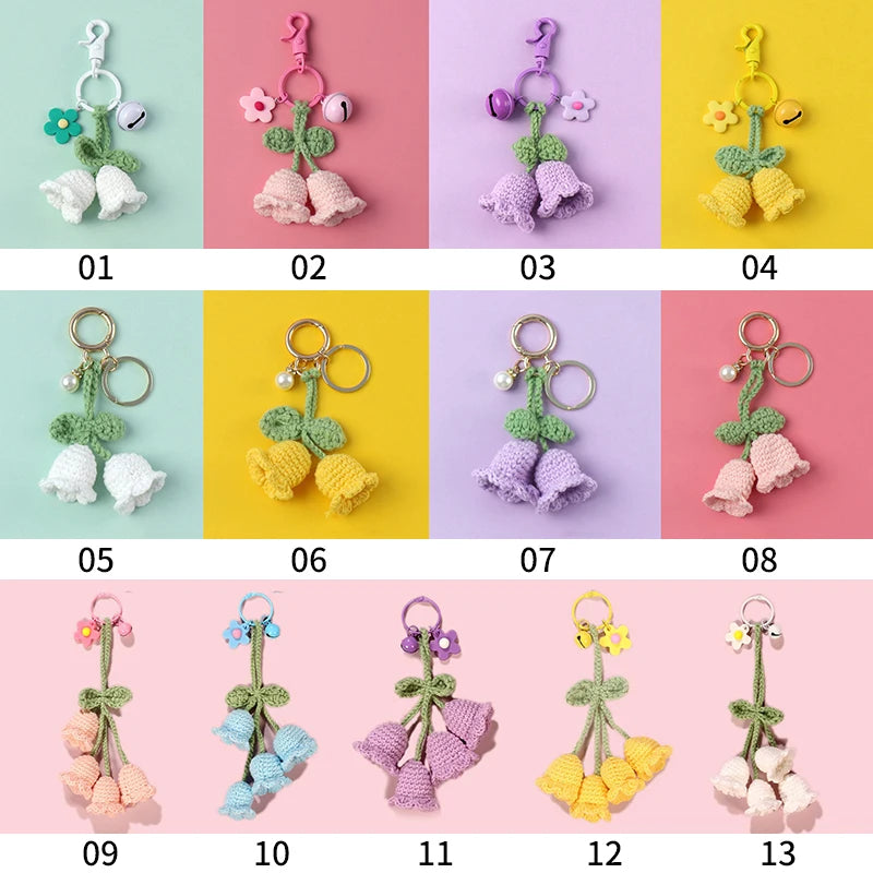 Fluffy Knitted Flower Keychain With Bell 🔔 Crocheted Wool Bag Charm For Women