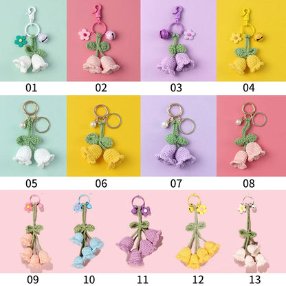 Fluffy Knitted Flower Keychain With Bell 🔔 Crocheted Wool Bag Charm For Women