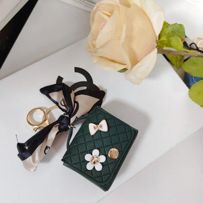 Korean Floral Bow Earphone Storage Keychain Bag Charm Leather Coin Purse 💖👜