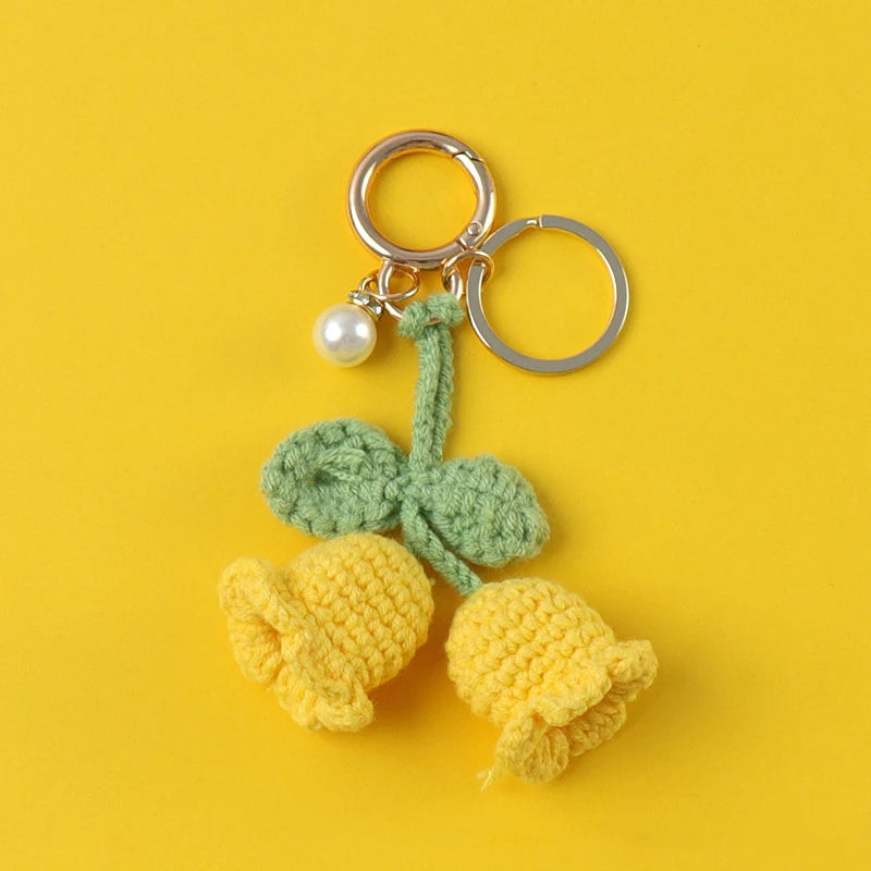 Fluffy Knitted Flower Keychain With Bell 🔔 Crocheted Wool Bag Charm For Women