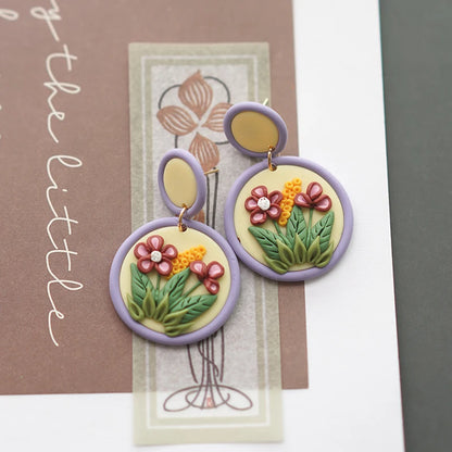 Handmade Crafts Flowers Circle Floral Multi Colors Ethnic Nature Round Polymer Clay Dangle Earrings Sets For Women Gifts