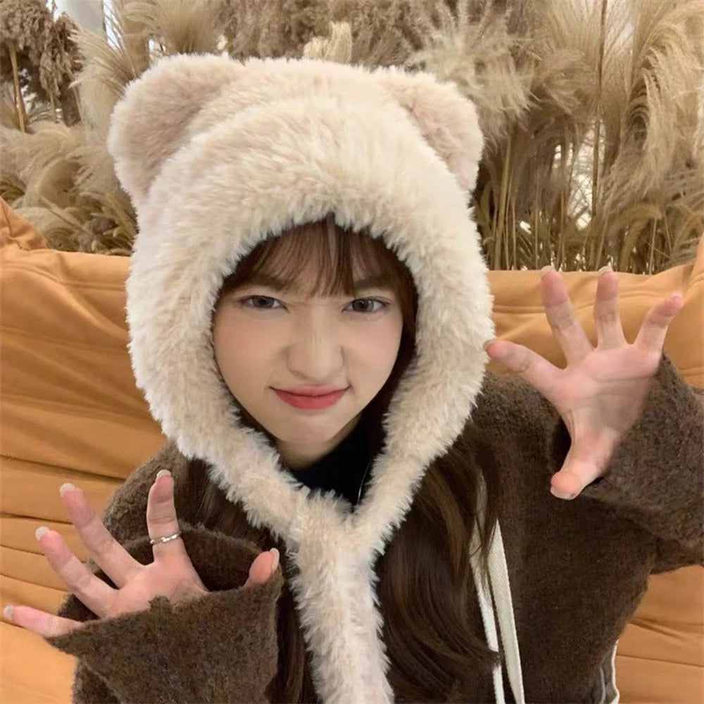 Women Winter Fox Fur Plush Beanie With Bear Ears Cosplay Cap Cozy Warm Hat 🦊❄️