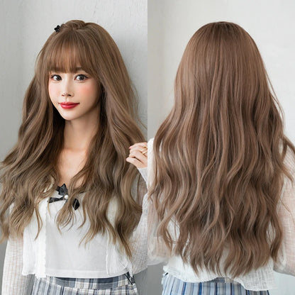 Kawaii Dreamy Sakura Pink Wavy Wig 🌸✨ | High-Density Curly Hair with Bangs for Sweet Girls 💖🎀