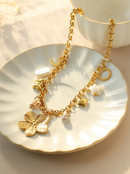 Star Butterfly Moon Flower Shell Pearl Pendant Necklace In Stainless Steel Gold Tone For Women Cute Gift 🌟🌙💖