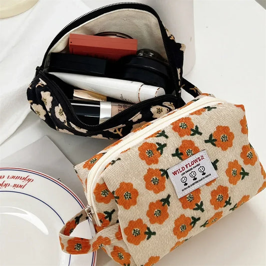 Kawaii Corduroy Flower Makeup Pouch 🌸✨ | Adorable Travel Cosmetic Bag for Students 🎀💄 | Stylish Lipstick & Brush Organizer 💖