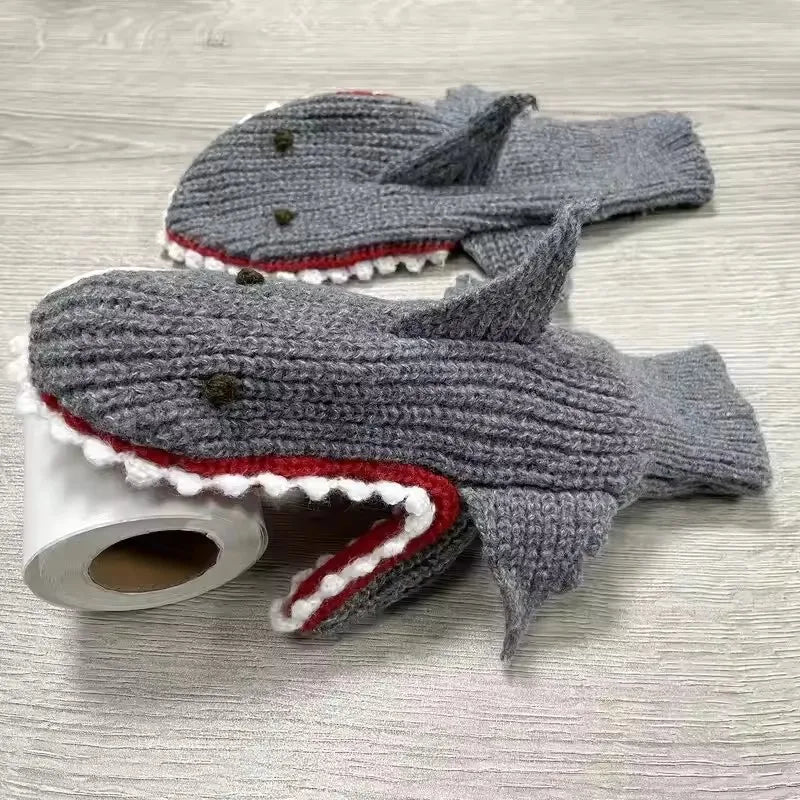 Shark Knit Gloves For Adults Unisex Cartoon Winter Warmth High Elasticity 🦈🧤