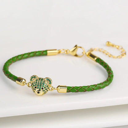 🐻✨ Adorable Bear Zirconia Charm Bracelet - 6 Color Adjustable Leather Rope for Everyone! 🎉🎈