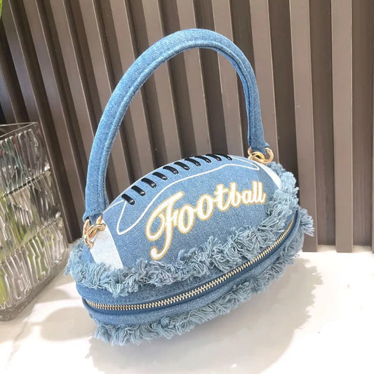 Charming Denim Football Clutch 🌟✨ | Luxe Designer Evening Purse for Women 🎉👛